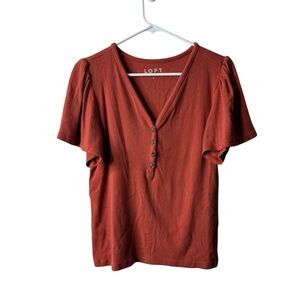 Loft Orange Ribbed Short Flutter Sleeve Henley Blouse